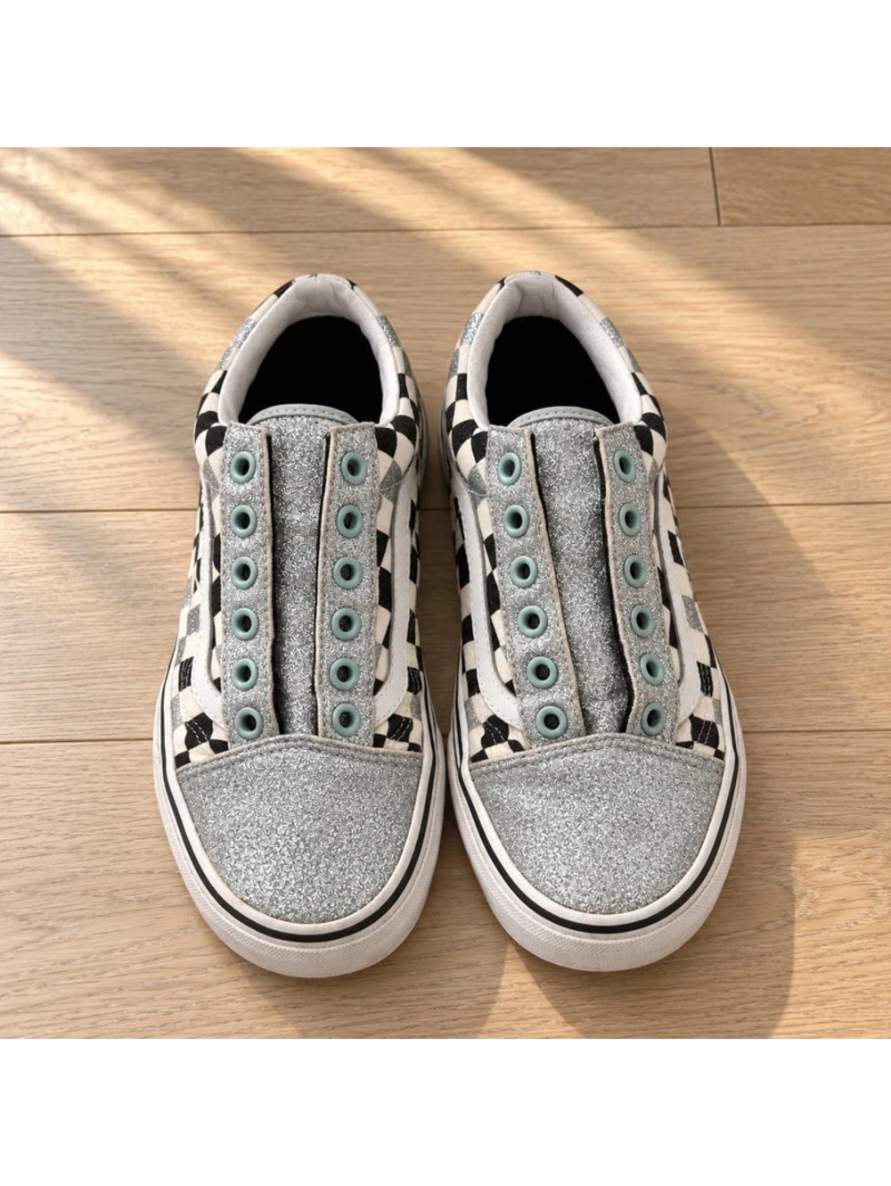 Vans Old Skool Silver Glitter Checkerboard Sneakers Womens 7.5